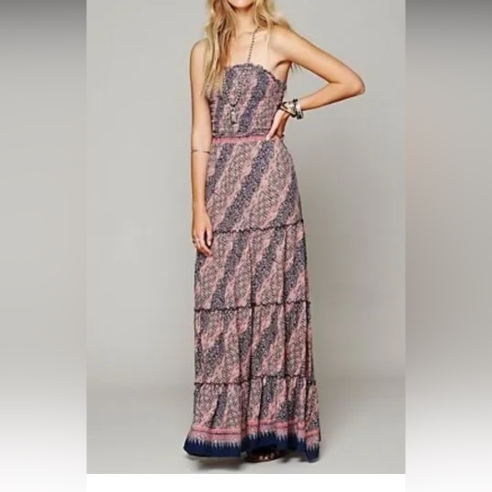 FREE PEOPLE Pink Blue Boho Tiered Cottage Convertible Strap Smock Maxi Dress S